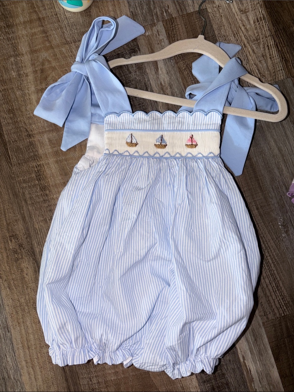 Light Blue Striped Sailboat Bubble Romper with Shoulder Ties